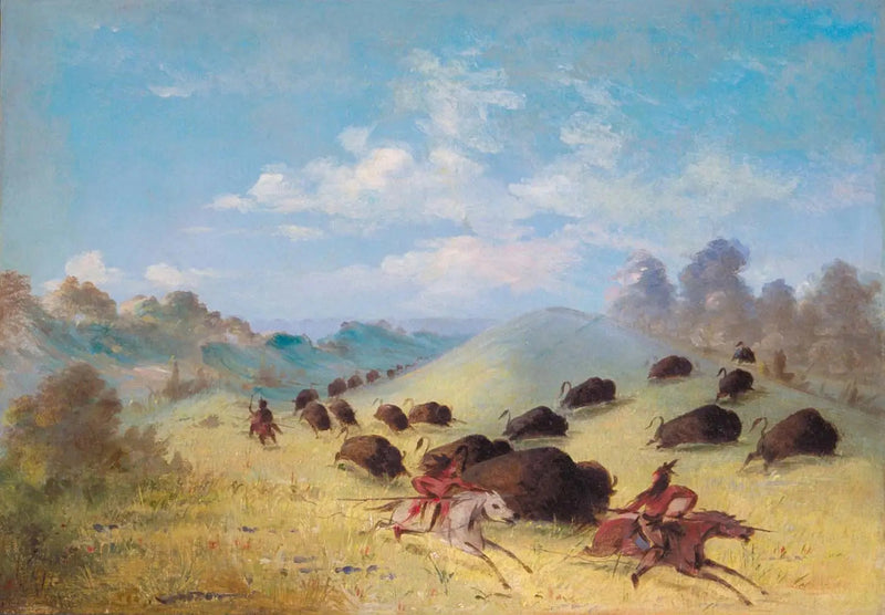 Die Comanchen-Indianer jagen Bisons mit Speeren und Bögen - George Catlin