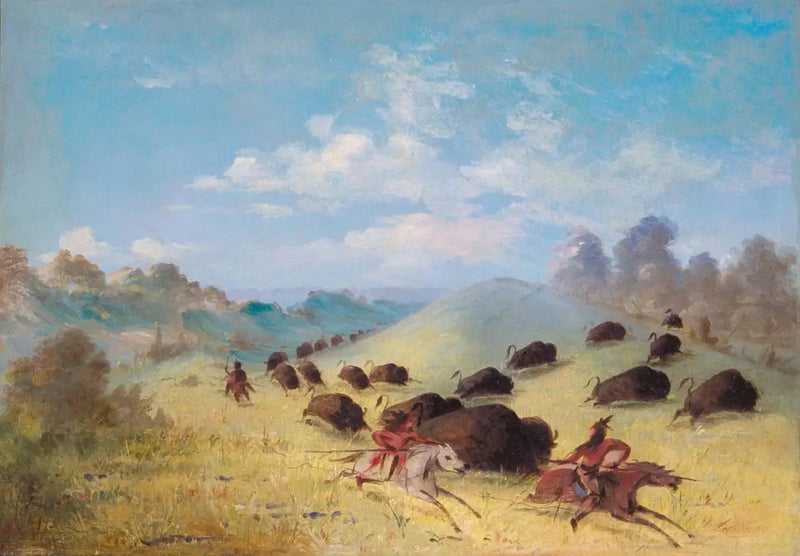 Die Comanchen-Indianer jagen Bisons mit Speeren und Bögen - George Catlin