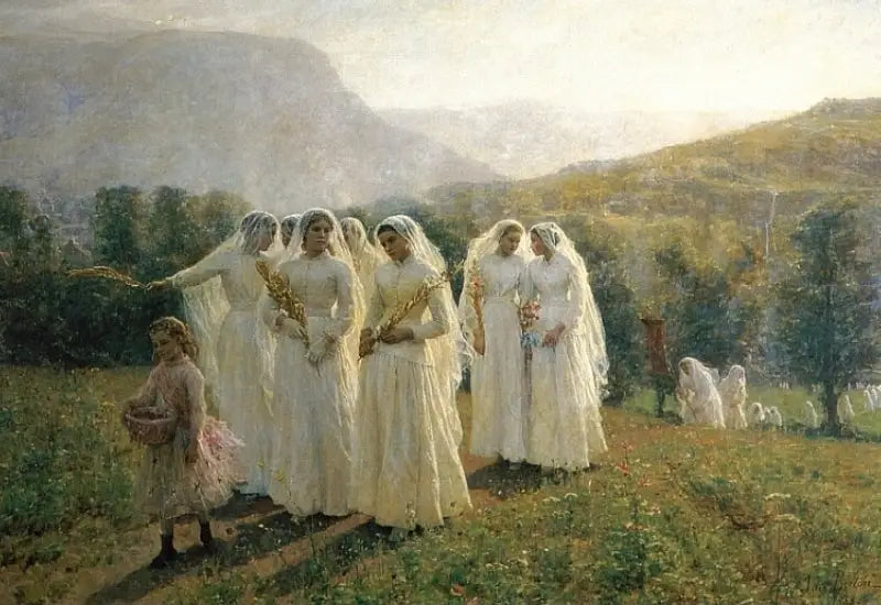 Die jungen Mädchen nehmen an der Prozession teil - Jules Breton