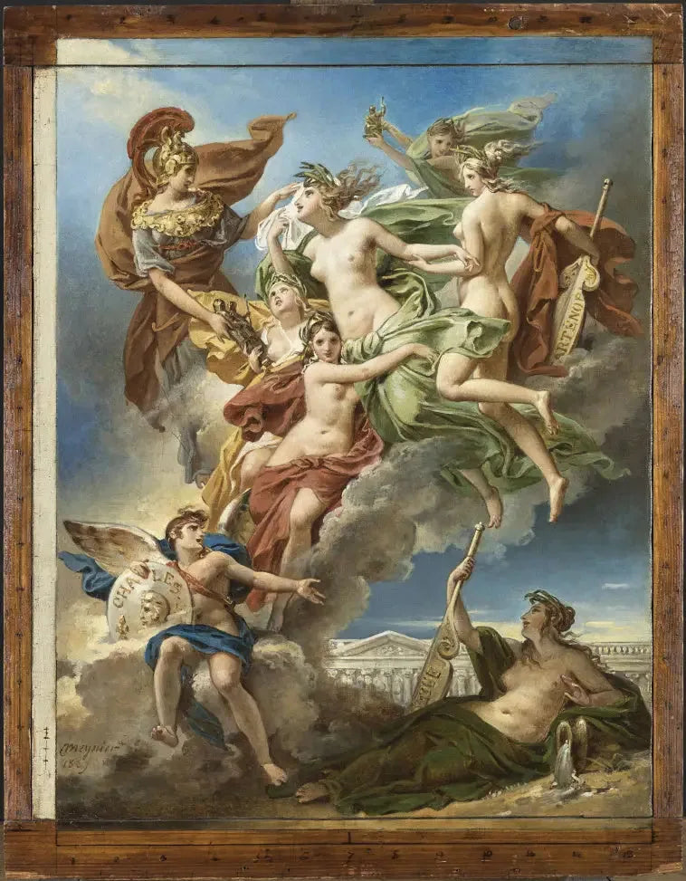 Die Nymphen von Parthenope, die weit von ihren Ufern entfernt sind, die Penaten, Bilder ihrer Götter, werden von der Göttin der schönen Künste an den Ufern der Seine geführt - Charles Meynier