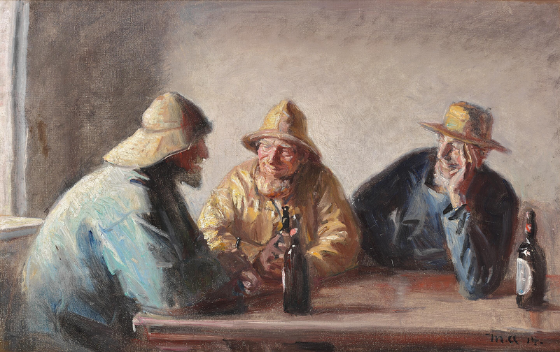 Die Fischer Andreas Carlsen, Ole Malmer und Thomas Peter Larsen genießen nach der Arbeit ein Bier. - Michael Peter Ancher