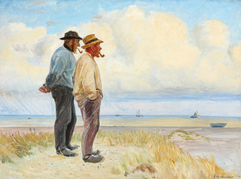 Die Skagen-Fischer Rasmus Bergen Sørensen und Bøj Andersen stehen am Strand. -Michael Peter Ancher