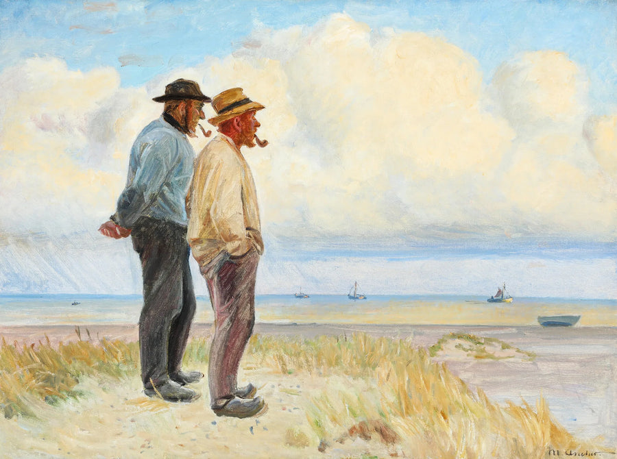 Die Skagen-Fischer Rasmus Bergen Sørensen und Bøj Andersen stehen am Strand. -Michael Peter Ancher