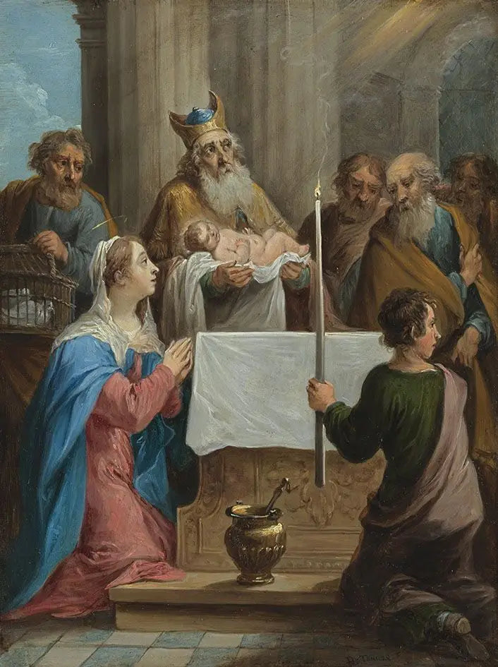 Die fünfzehn Geheimnisse des Rosenkranzes : Simeon und das Jesuskind im Tempel - David Teniers der Jüngere