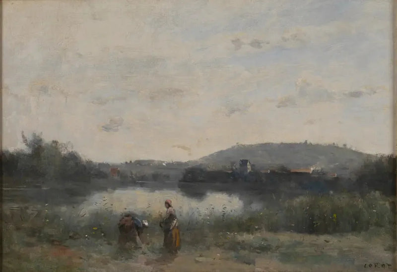 Ufer eines Flusses, im Hintergrund von Hügeln dominiert - Jean-Baptiste Camille Corot