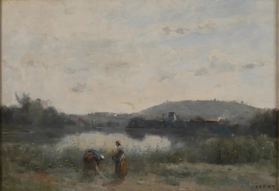 Ufer eines Flusses, im Hintergrund von Hügeln dominiert - Jean-Baptiste Camille Corot