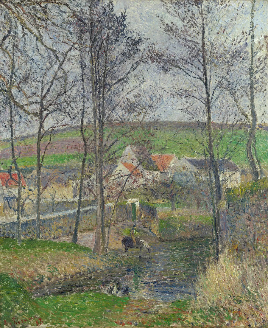 Die Ufer der Viosne in Osny bei grauem Wetter, Winter - Camille Pissarro