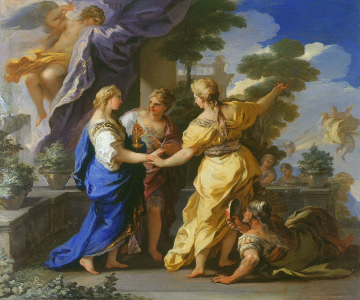 Les sœurs de Psyché lui offrent une lampe et un poignard. - Luca Giordano image 1 reproduction d’œuvre d’art à l’huile
