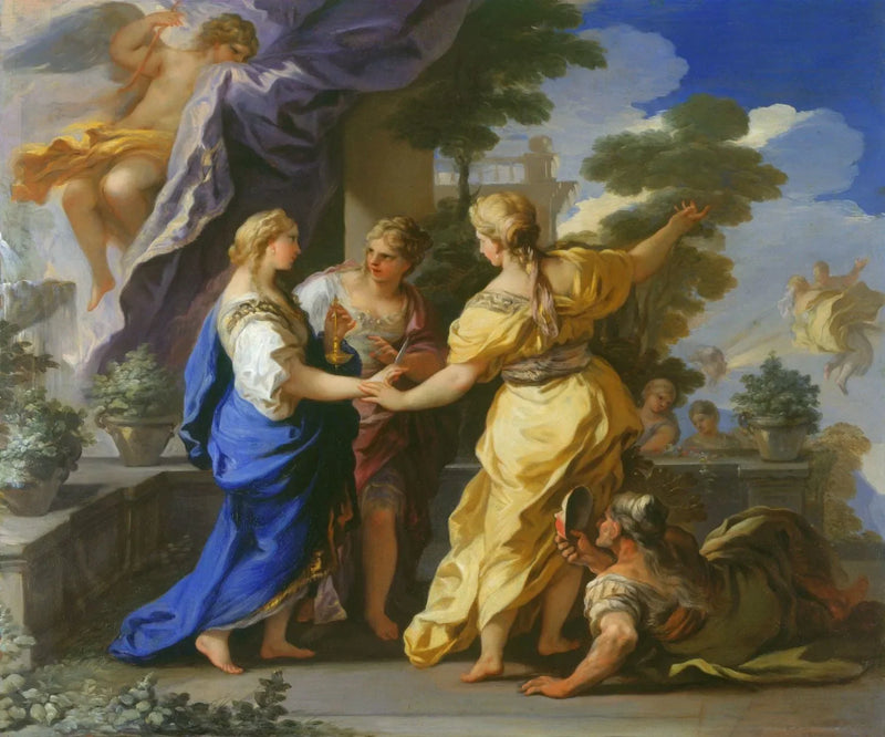 Die Schwestern von Psyche schenken ihr eine Lampe und ein Dolch. - Luca Giordano