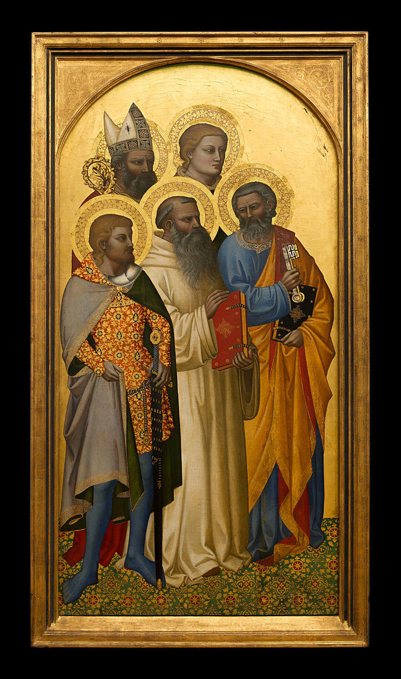 Die Heiligen Petrus, Benoît, Julien (?), Étienne (?) und ein heiliger Bischof (Nikolai von Bari ?). - Nardo di Cione