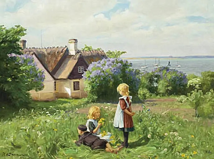Der Sommer am Roskilde-Fjord, die Kinder machen Blumenkränze. - H. A. Brendekilde
