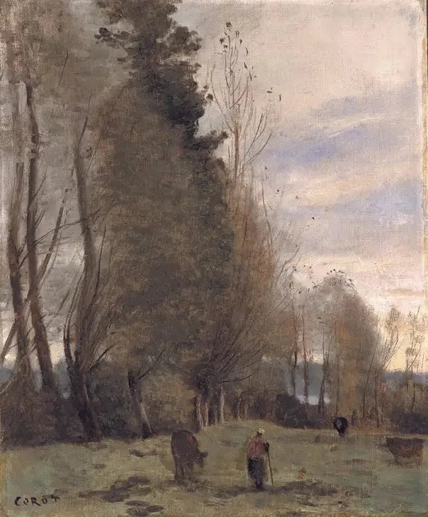 Ranchruheplatz, Bauer und drei Kühe - Jean-Baptiste Camille Corot