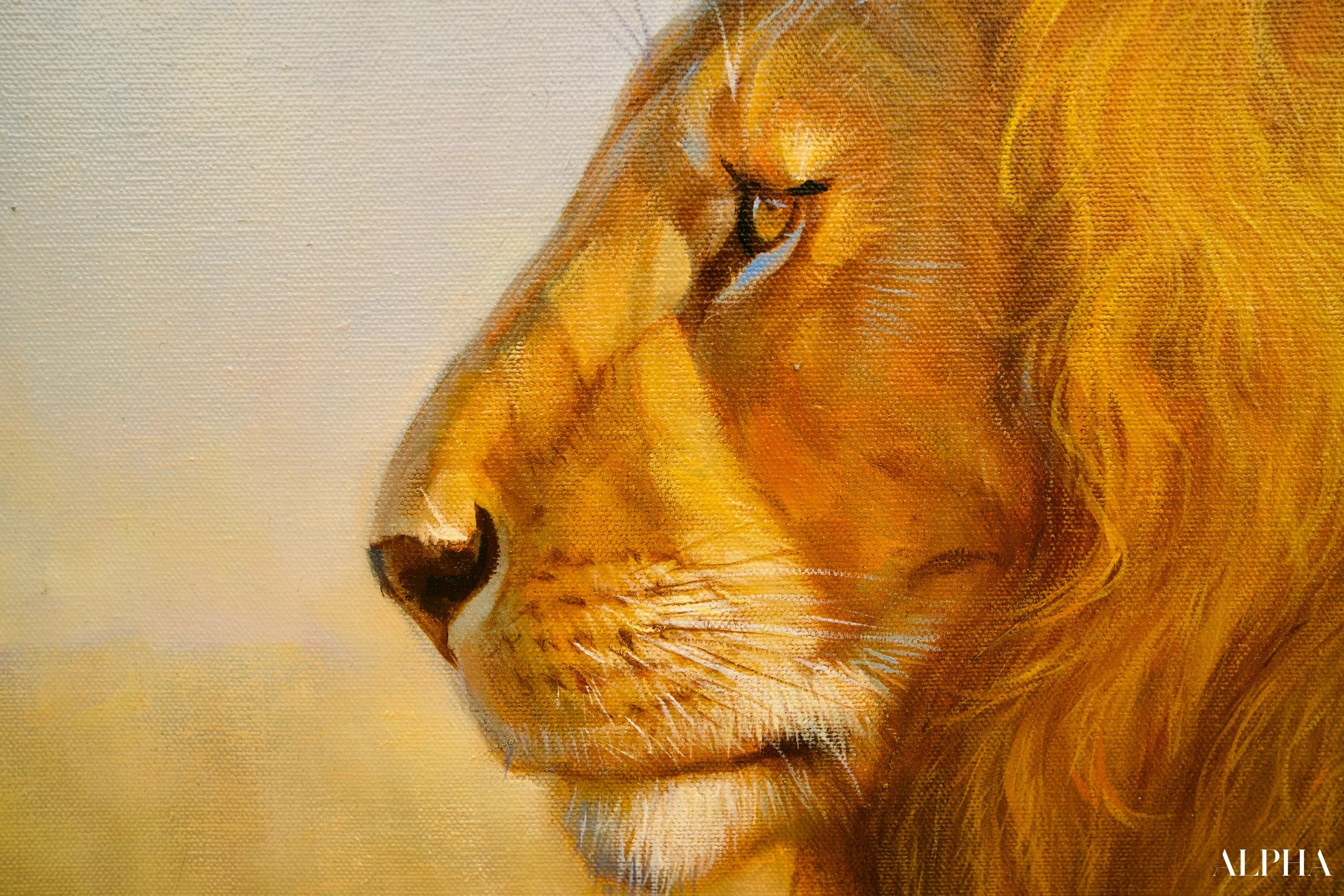 Lion dans la savane | 150 x 100 cm Reproductions de tableaux à la peinture à l’huile
