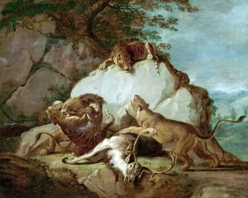 Löwen und Tiger, die um ein Reh kämpfen - George Stubbs