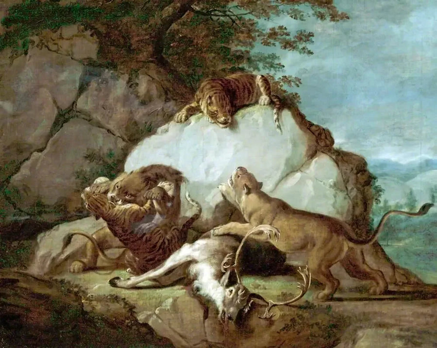 Löwen und Tiger, die um ein Reh kämpfen - George Stubbs