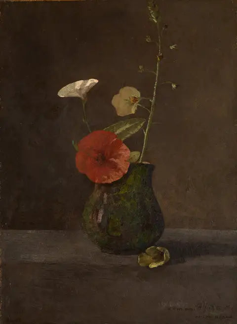 Lisianthus und Mohnblumen in einer kleinen grünen Kanne - Odilon Redon