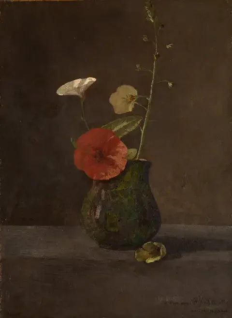 Lisianthus und Mohnblumen in einer kleinen grünen Kanne - Odilon Redon