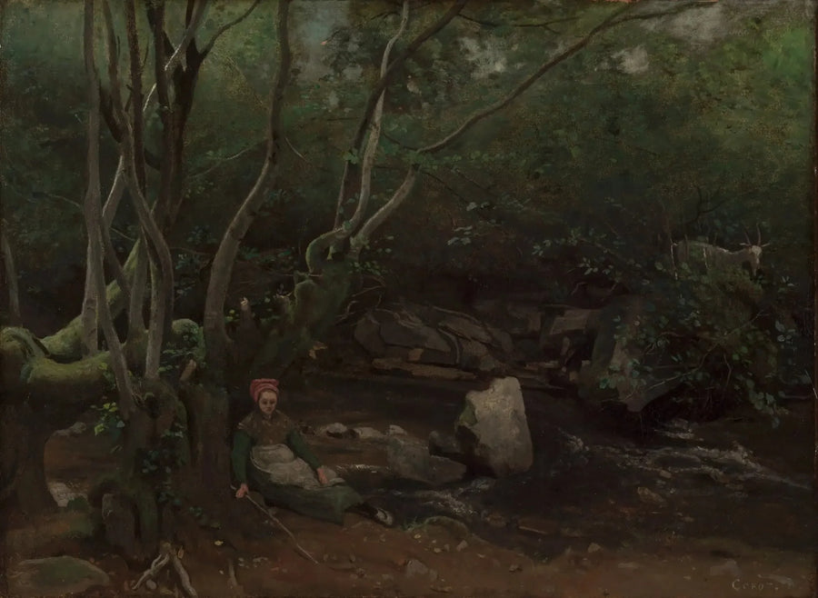 Lormes, Eine Ziegenhirtin sitzt am Ufer eines Bachs im Wald - Jean-Baptiste Camille Corot
