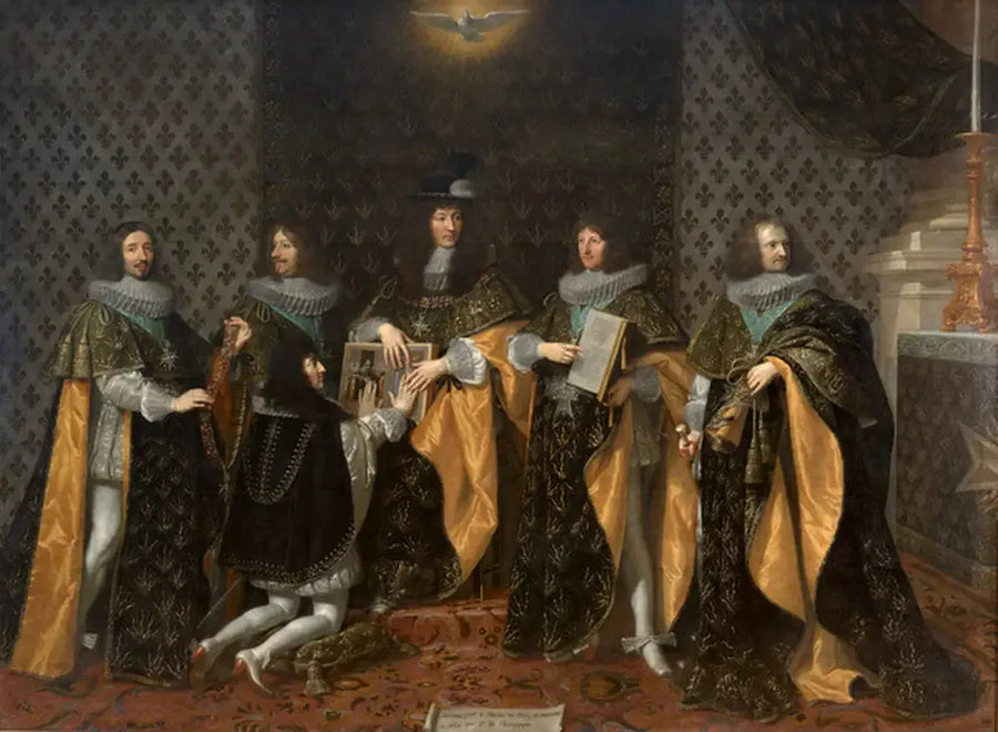 Louis XIV am Tag nach seiner Krönung erhält er die Eidesleistung seines Bruders Monsieur, Herzog von Anjou, als Ritter des Ordre du Saint-Esprit in Reims, am 8. Juni 1654 - Philippe de Champaigne
