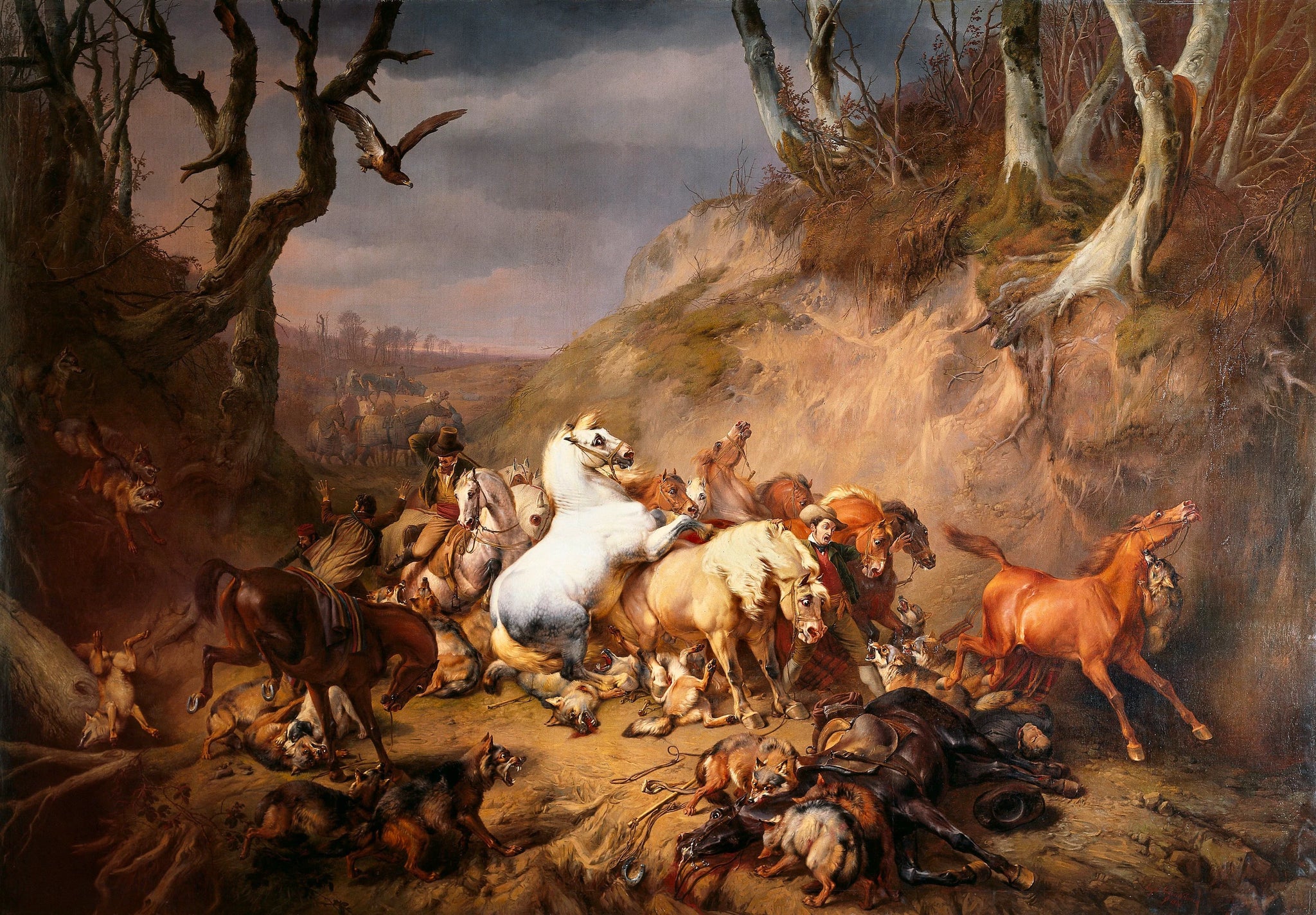 Des loups affamés attaquent un groupe de cavaliers - Eugène Verboeckhoven
