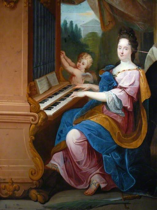 Madame de Maintenon in der Rolle der Heiligen Cäcilie und ein Junge (vielleicht der Herzog von Maine) in der Rolle eines Engels, der in eine Orgel bläst - Jean-Baptiste Jouvenet