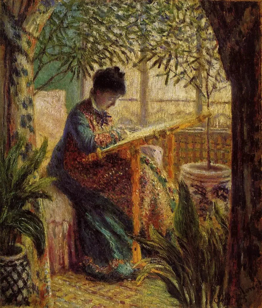 Madame Monet Embroidering (Camille au métier) - Claude Monet image 1 copie peinte à la main à l’huile