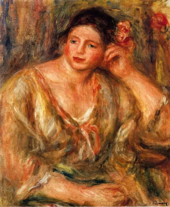 Madeleine, die auf ihrem Ellbogen gestützt ist, mit Blumen im Haar - Pierre-Auguste Renoir