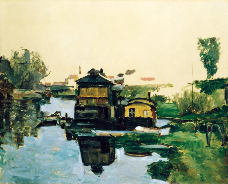 Schwimmende Häuser an einem Fluss - Paul Cézanne