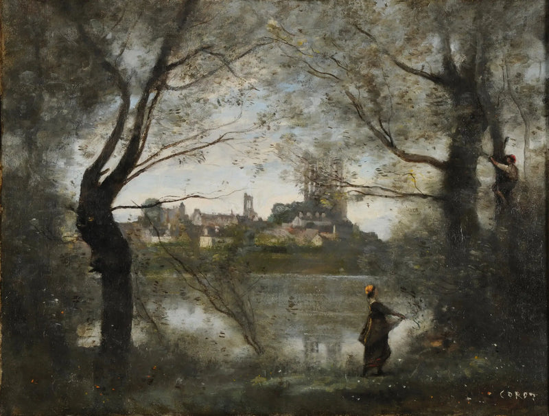 Mantes, die Kathedrale und die Stadt gesehen durch die Bäume, am Abend - Jean-Baptiste Camille Corot