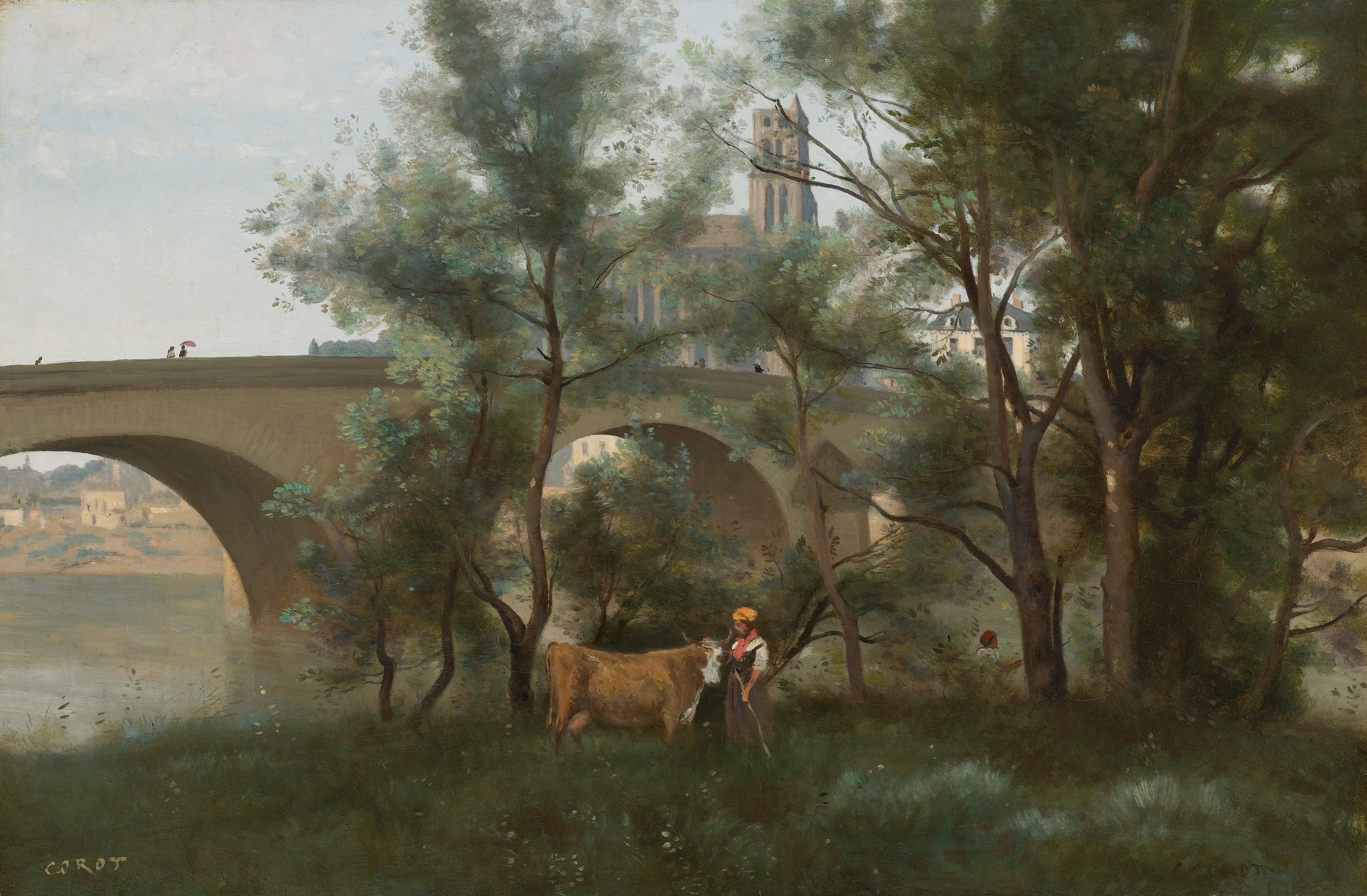 Mantes, die Ufer der Seine am Fuße der Brücke - Jean-Baptiste Camille Corot