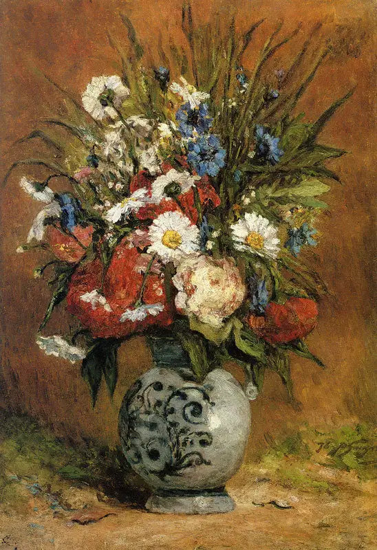 Margeriten und Pfingstrosen in einer blauen Vase - Paul Gauguin