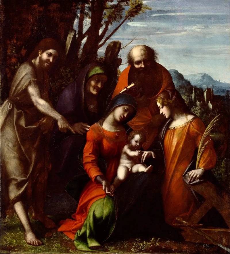 Mystische Hochzeit der heiligen Katharina von Alexandria und drei Heilige in einer Landschaft - Antonio da Correggio