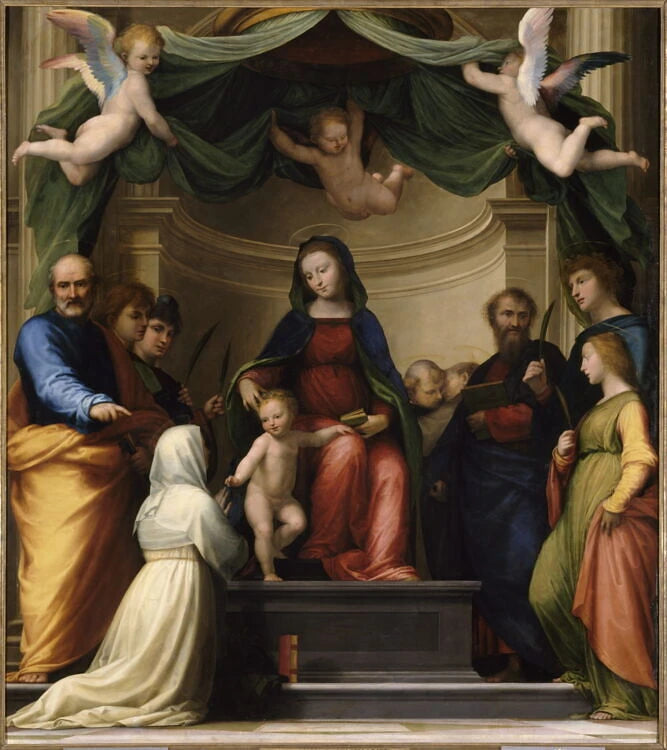Le Mariage mystique de sainte Catherine de Sienne, avec saints Pierre, Vincent Ferrier, Étienne, Barthélemy, Dominique, François et deux autres saints - Fra Bartolomeo