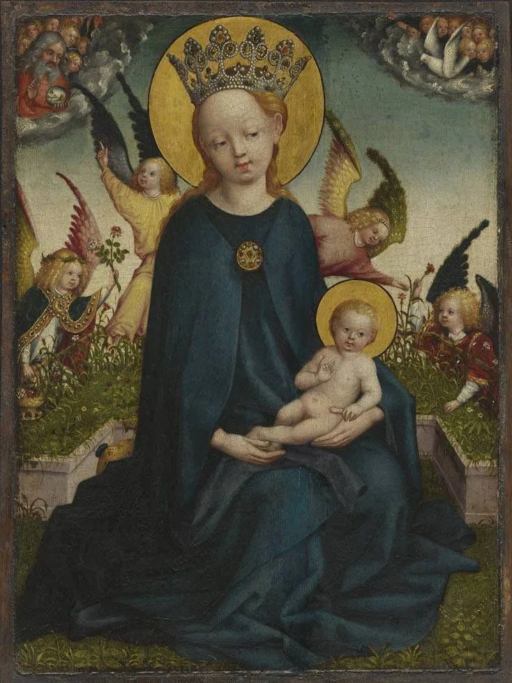 Maria mit dem Jesuskind neben einer Blumenkübel - Stefan Lochner