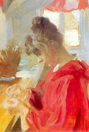 Marie sitzt an einem Tisch und näht - Peder Severin Krøyer