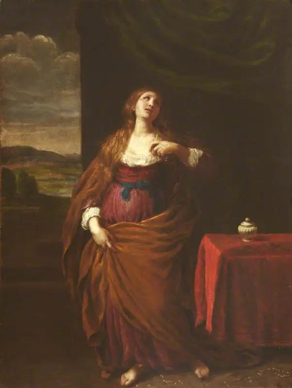 Maria Magdalena stehend, den ganzen Körper sichtbar, mit Blick auf eine weite Landschaft im Hintergrund - Guido Reni