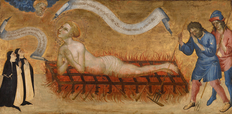 Martyrium des heiligen Laurentius mit zwei Benediktinerinnen - Giovanni di Paolo