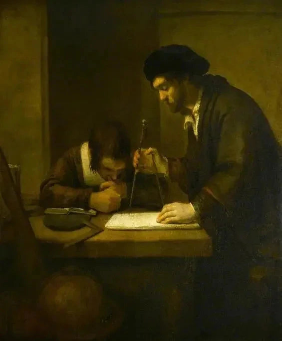 Der Mathematiker, ein Gelehrter mit Teilern und einem Geodreieck an einem Tisch in seinem Büro, unterstützt von einem Schüler - Rembrandt