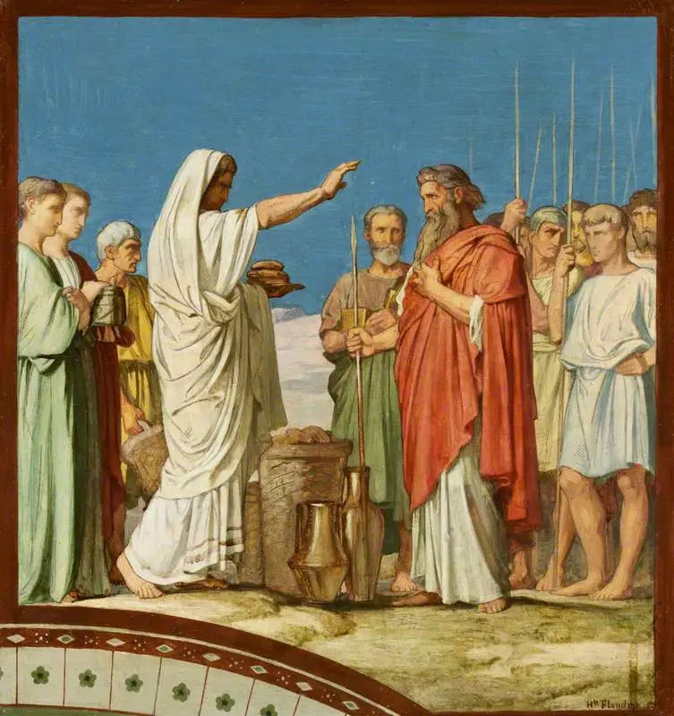 Melchisédech, der Brot und Wein anbietet, segnet Abraham: Modell für die Freske im linken Kirchenschiff von Saint-Germain-des-Prés, Paris, 1859 (Melchisédek segnet Abraham und bietet Brot und Wein an) - Hippolyte Flandrin