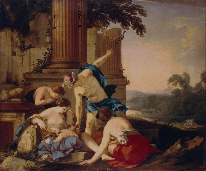 Mercure emmène Bacchus pour qu'il soit élevé par des nymphes - Laurent de La Hyre