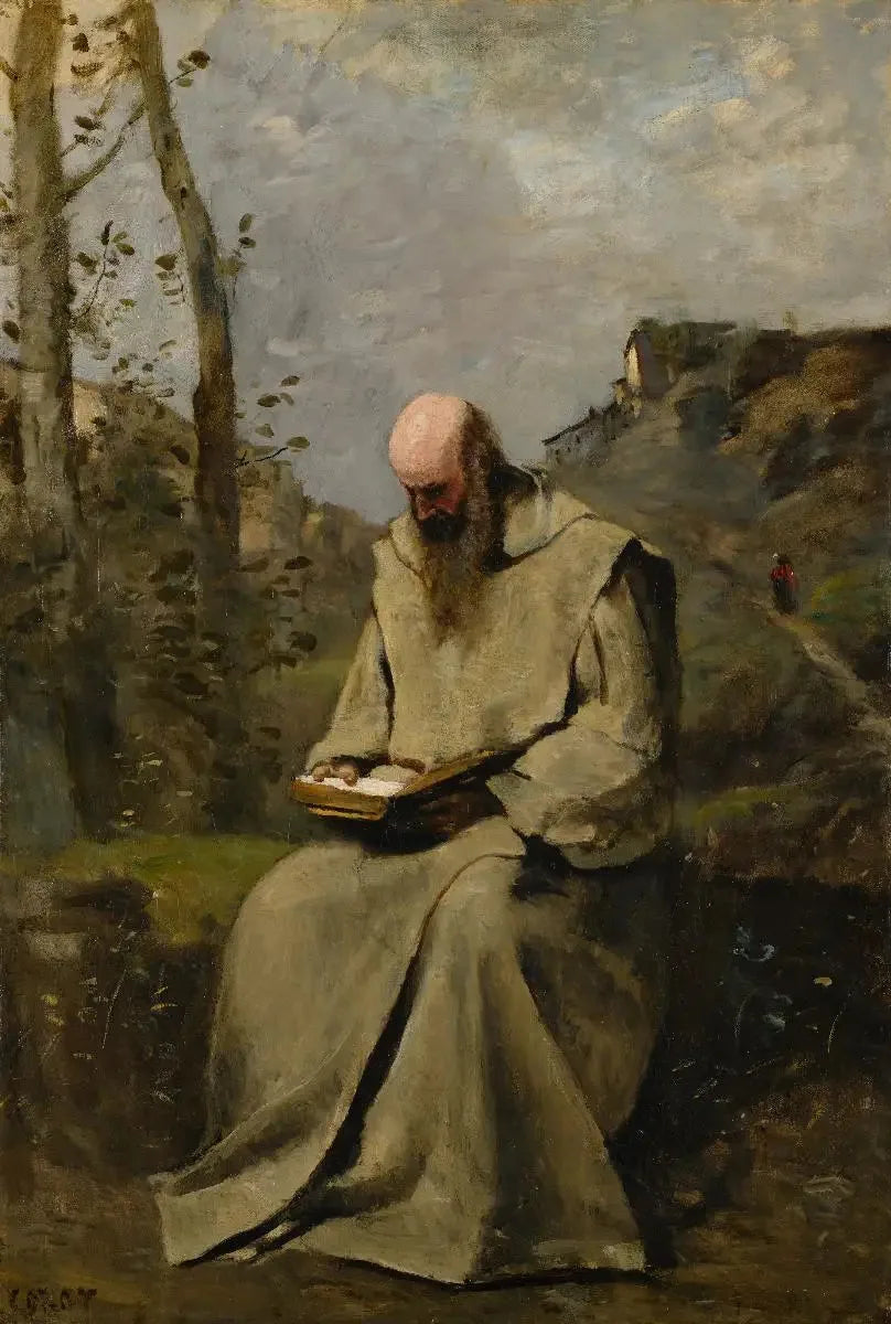 Mönch sitzend, lesend - Jean-Baptiste Camille Corot