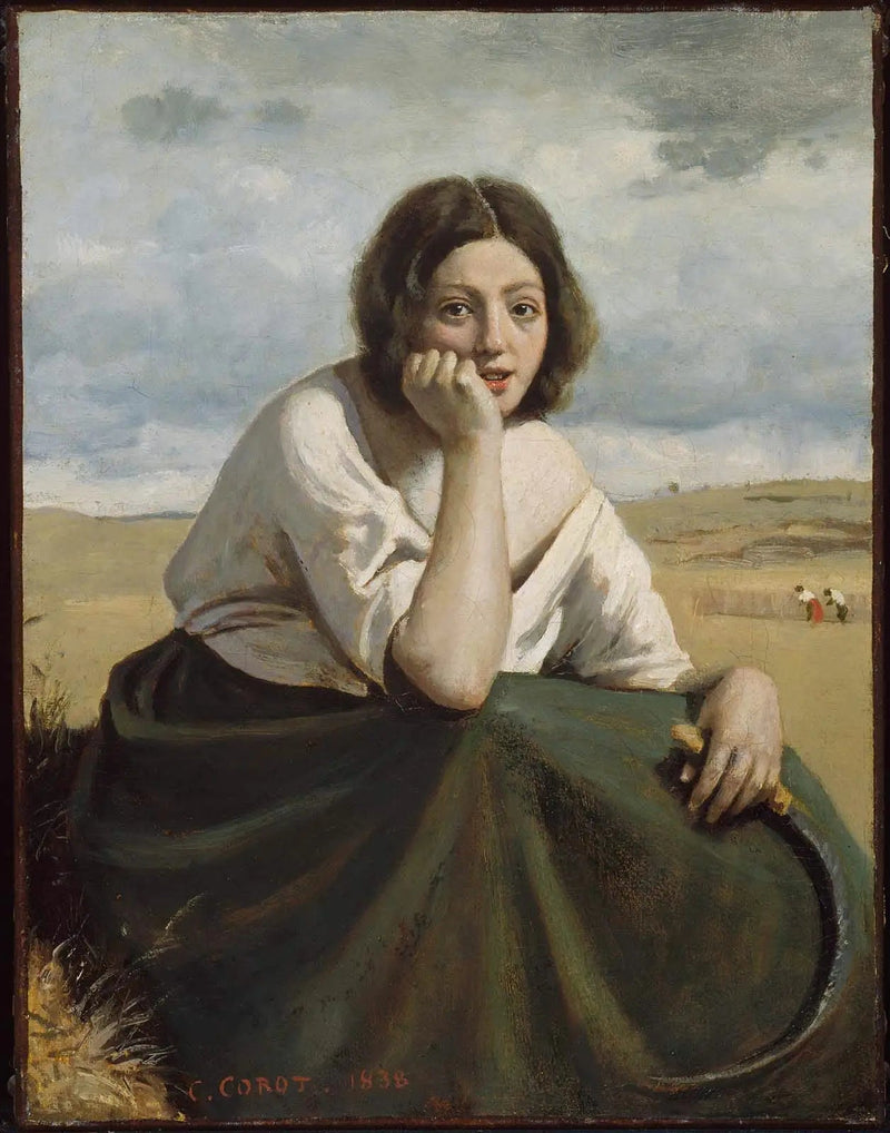 Mähdrescher, der seine Sichel hält, den Kopf auf die Hand gestützt - Jean-Baptiste Camille Corot