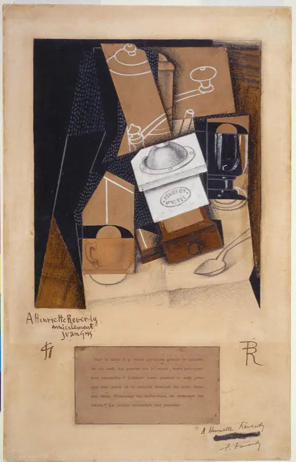 Kaffeemühle, Tasse und Glas auf einem Tisch - Juan Gris