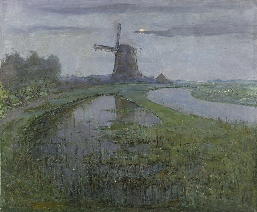 Mühle von Oostzijdse entlang des Flusses Gein im Mondschein - Piet Mondrian
