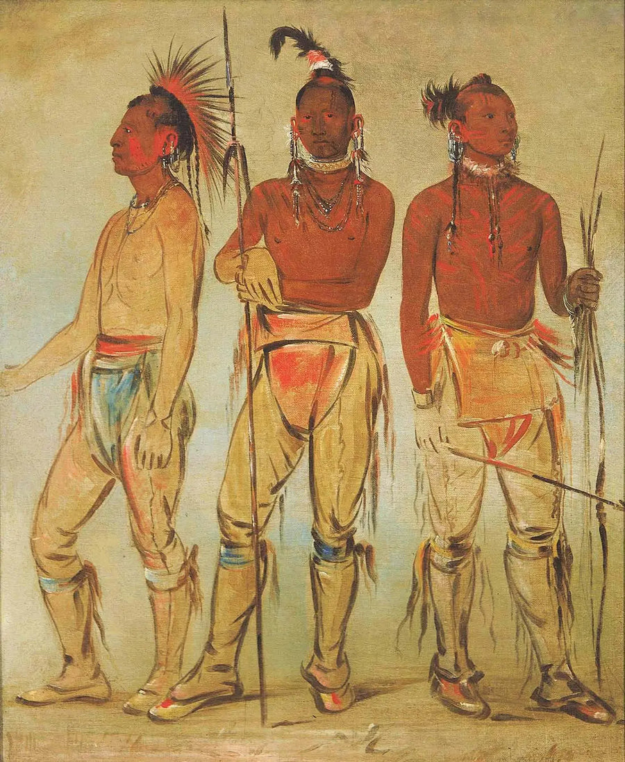Mun-ne-pús-kee, Celui qui n'a pas peur ; Ko-ha-túnk-a, Großer Rabe ; und Nah-cóm-ee-shee, Der Mann im Bett, Drei junge Krieger - George Catlin
