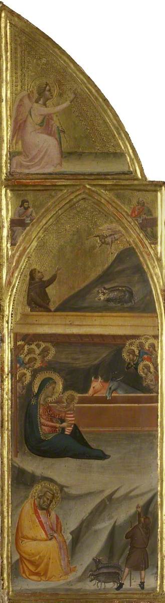 Geburt, zwei Evangelisten und der Engel der Verkündigung (Triptychon, linkes Flügel) (Vorderseite) - Bernardo Daddi