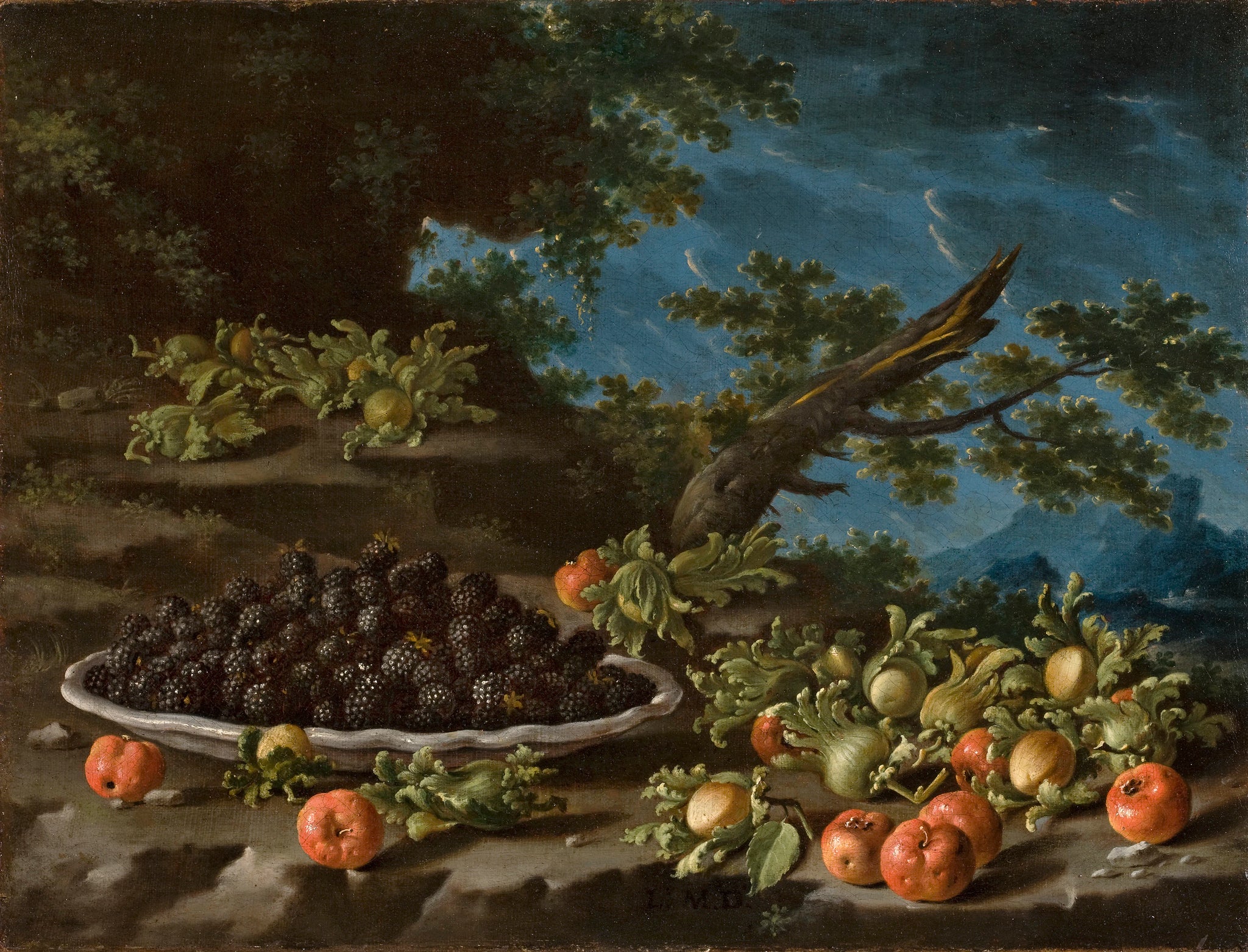Nature morte à l'assiette de mûres Antilles, cerises et noisettes dans un paysage - Luis Eugenio Meléndez