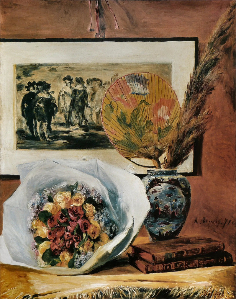 Stillleben mit Blumenstrauß und Fächer - Pierre-Auguste Renoir
