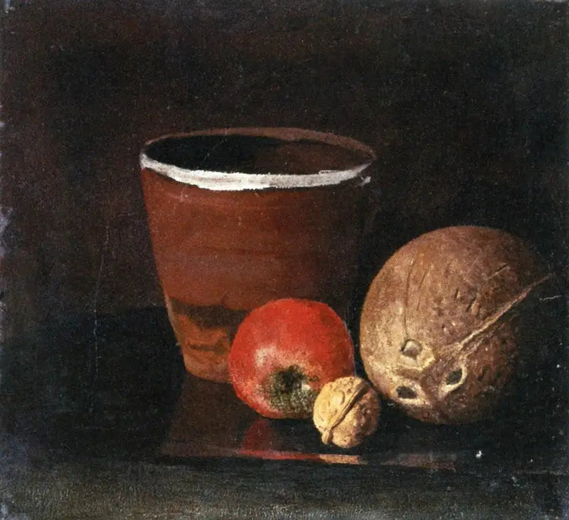 Stillleben mit Topf, Apfel, Walnuss und Kokosnuss - Edvard Munch