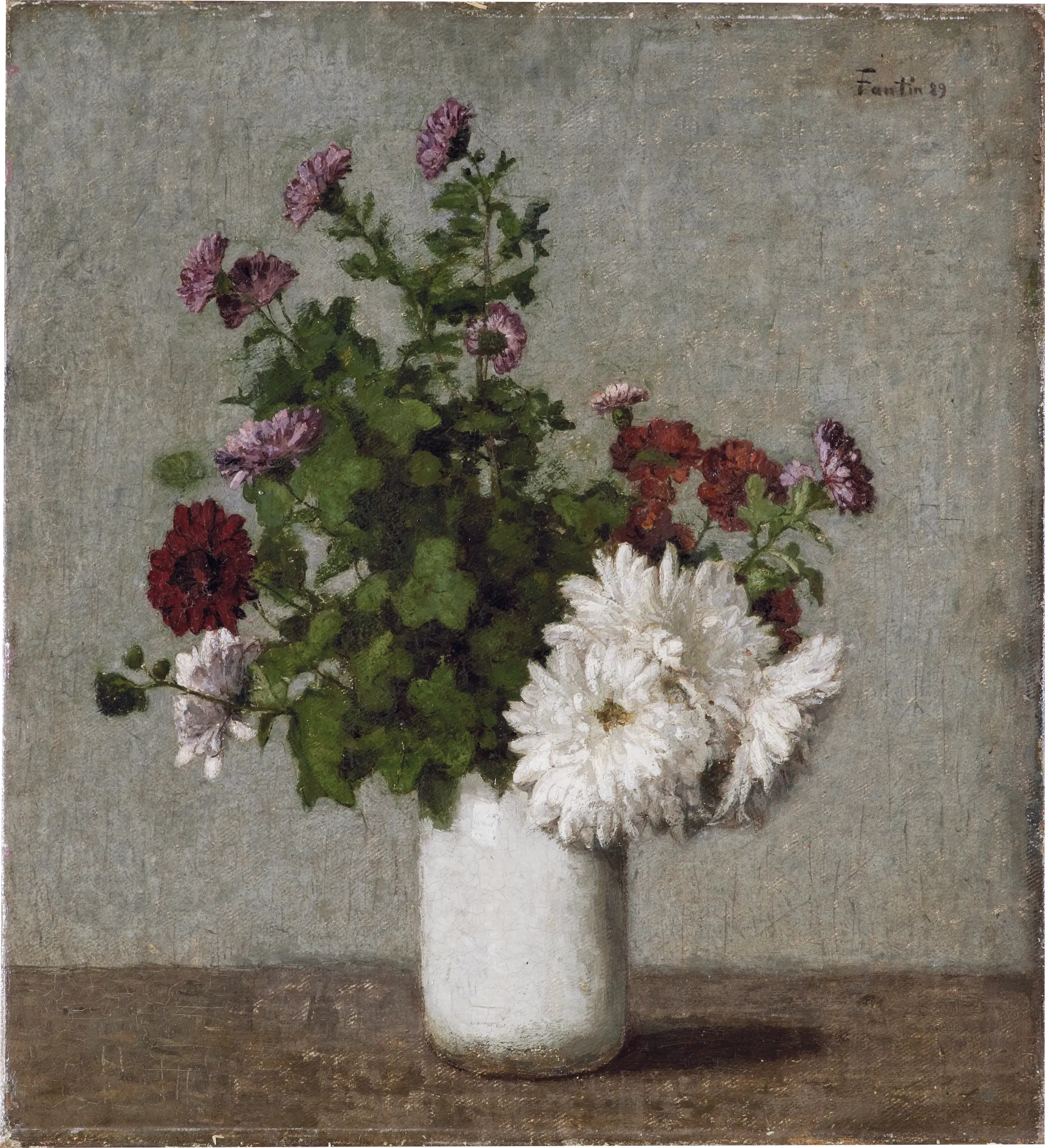 Nature morte aux fleurs : chrysanthèmes d’automne dans un vase blanc - Henri Fantin-Latour - Alpha Reproduction